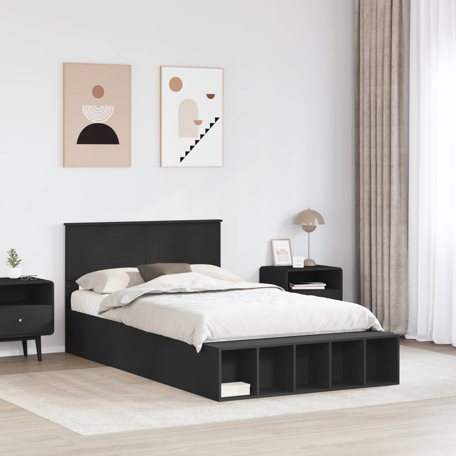 vidaXL Ramka łóżka z półką Czarny 135 x 190 cm Materiał drewnopochodny