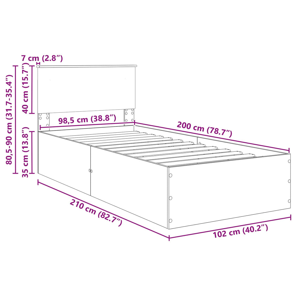 vidaXL Ramka łóżka Szary Sonoma 100 x 200 cm Materiał drewnopochodny
