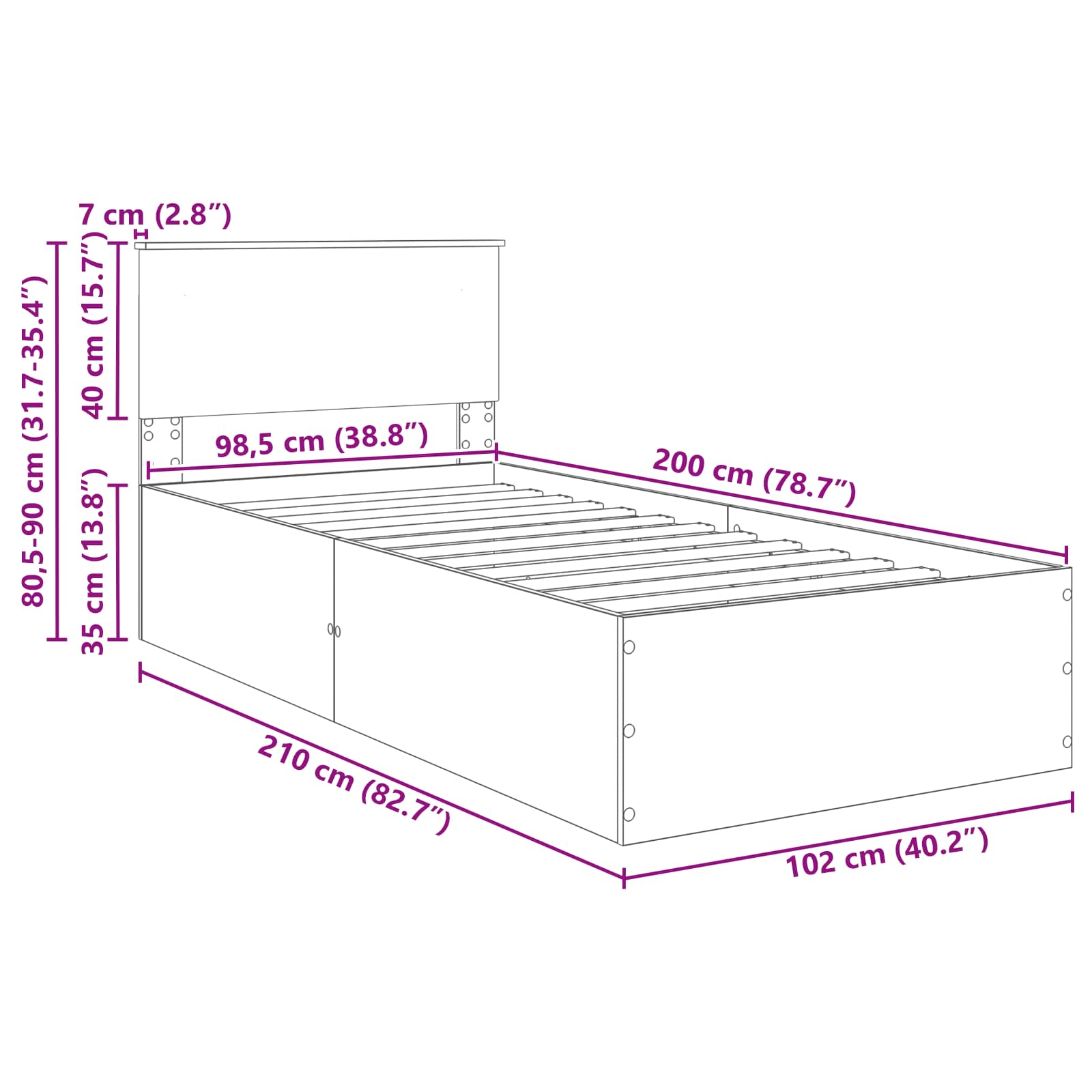 vidaXL Ramka łóżka Szary Sonoma 100 x 200 cm Materiał drewnopochodny