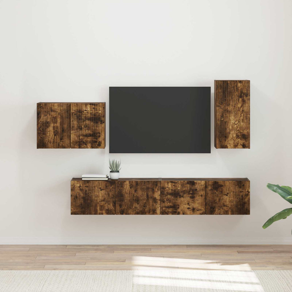 vidaXL Zestaw szafki pod telewizor na ścianę 4 pcs Dąb wędzony