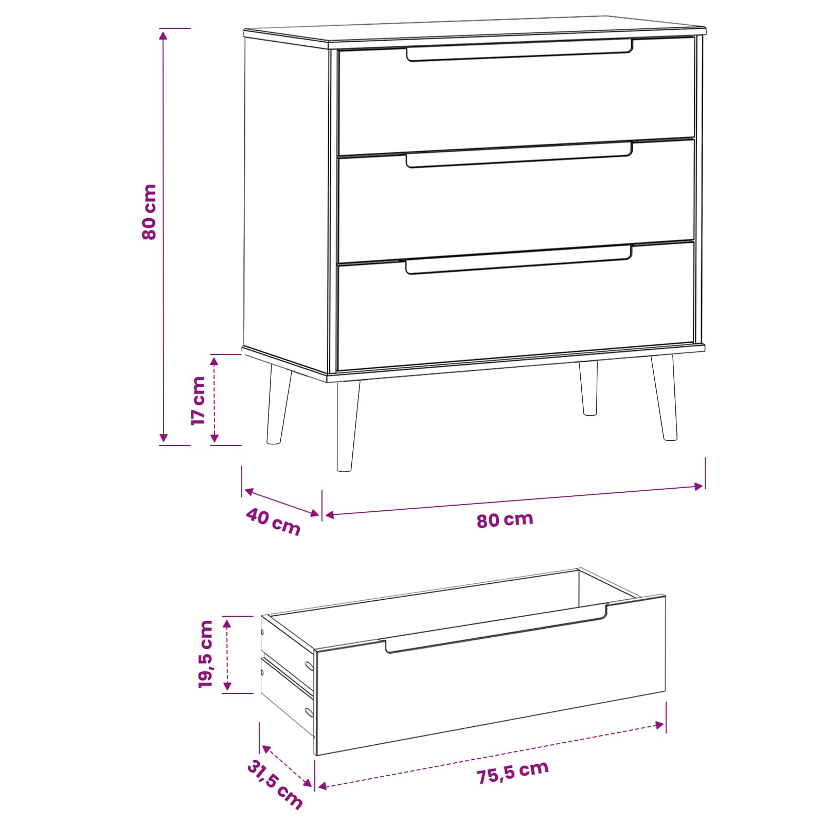vidaXL Komoda z szufladami MOLDE Karmel 80 x 40 x 80 cm