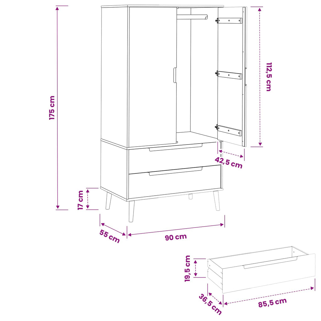 vidaXL Garderoba MOLDE Karmel 90 x 55 x 175 cm Lite drewno sosnowe