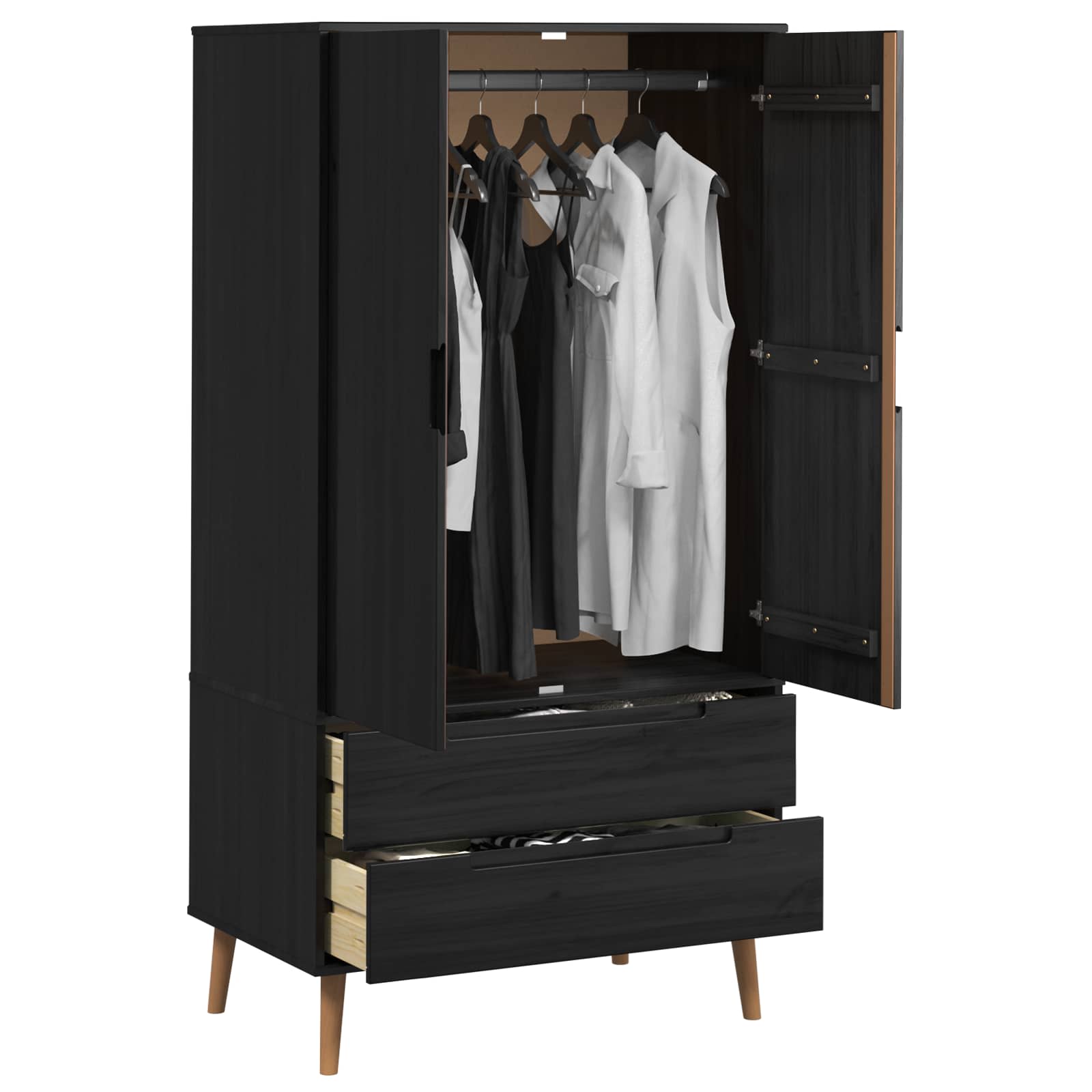 vidaXL Garderoba MOLDE Czarny 90 x 55 x 175 cm Lite drewno sosnowe