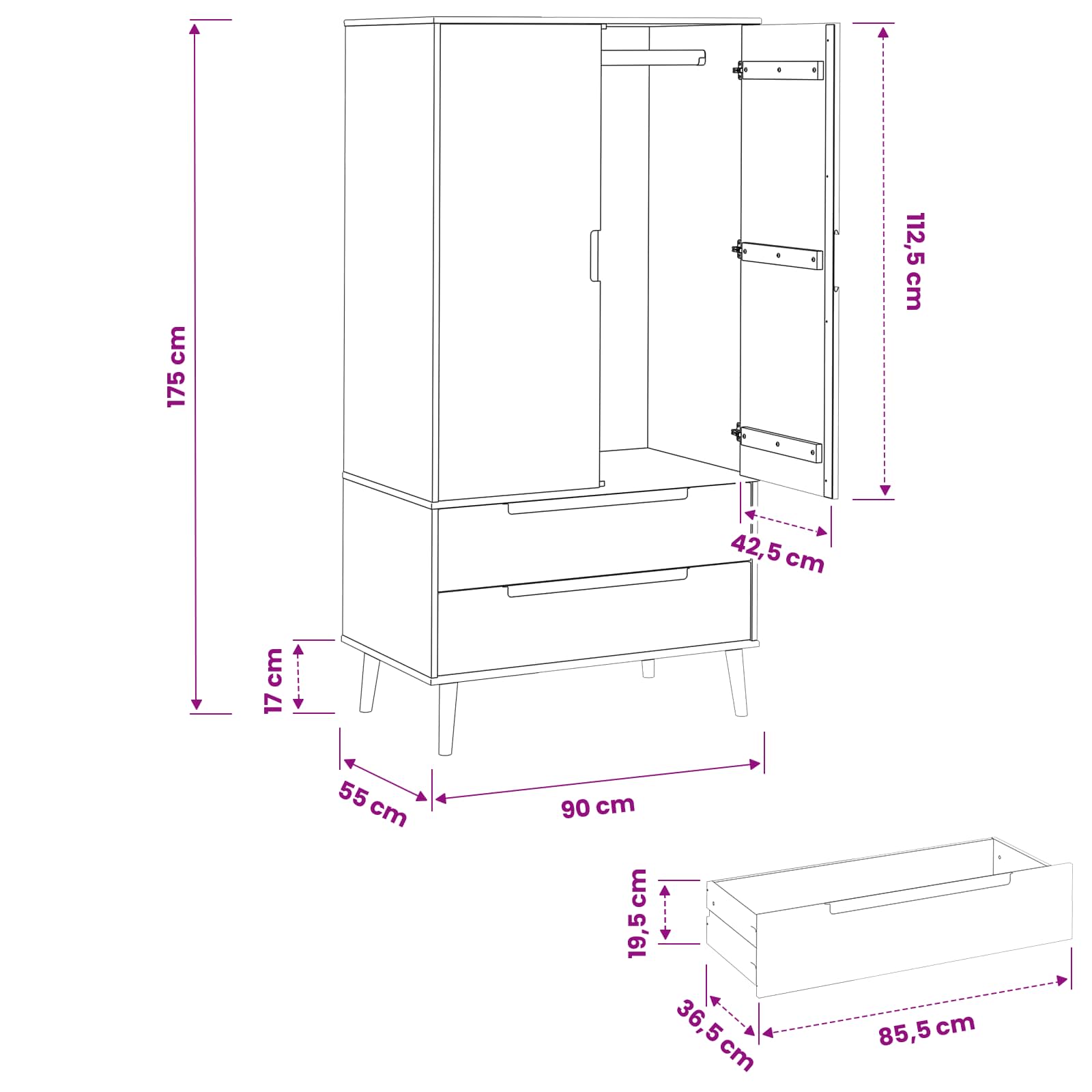vidaXL Garderoba MOLDE Czarny 90 x 55 x 175 cm Lite drewno sosnowe