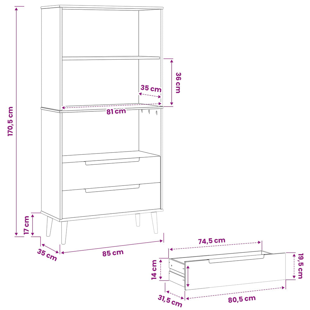 vidaXL Półka na książki MOLDE 85 x 35 x 170,5 cm Lite drewno sosnowe