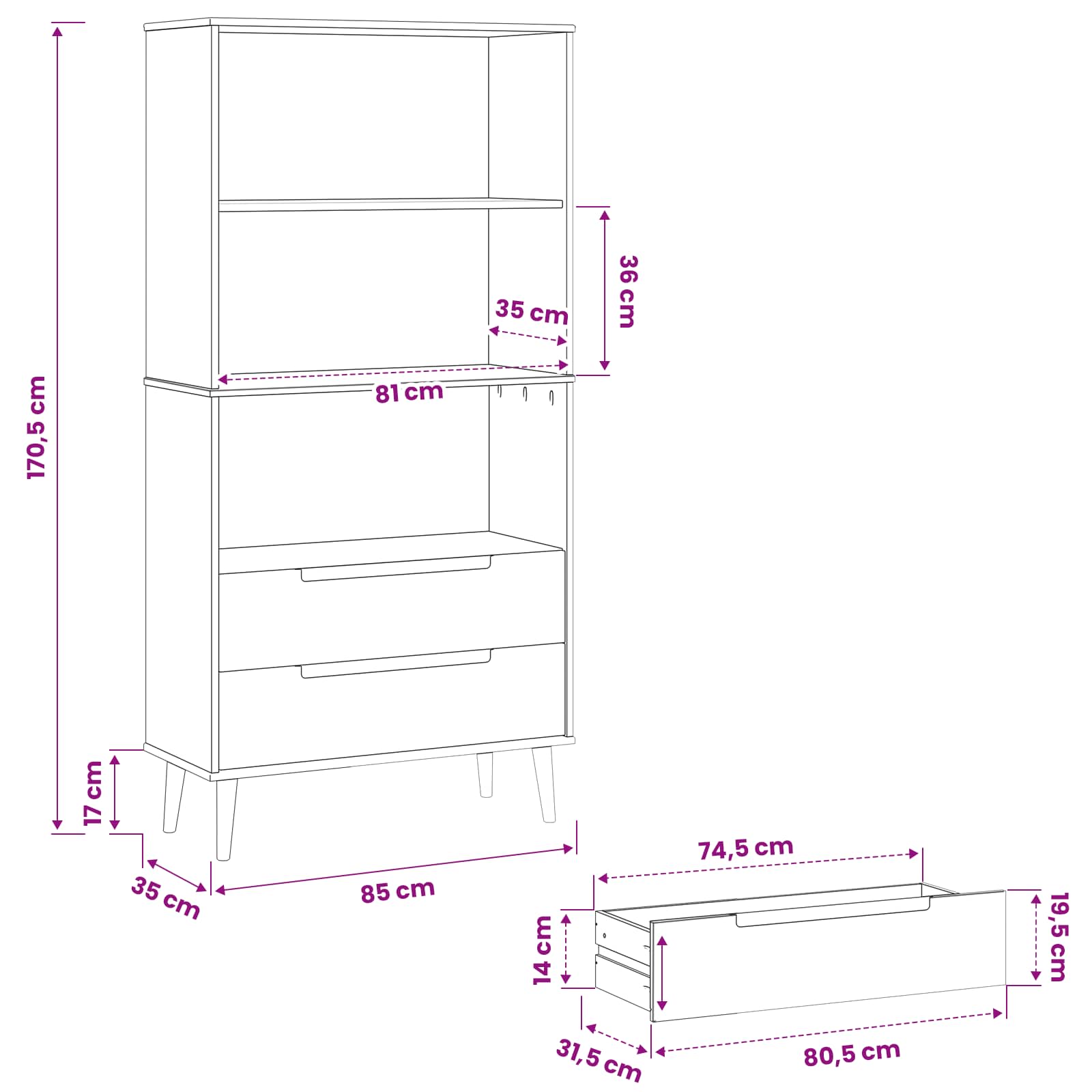 vidaXL Półka na książki MOLDE 85 x 35 x 170,5 cm Lite drewno sosnowe