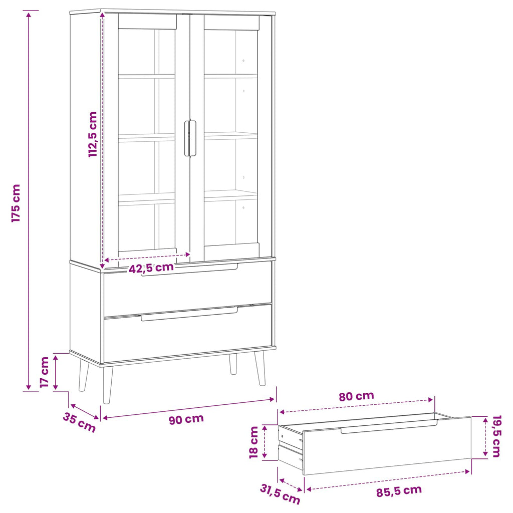 vidaXL Witryna Szklana MOLDE 90 x 35 x 175 cm Lite drewno sosnowe
