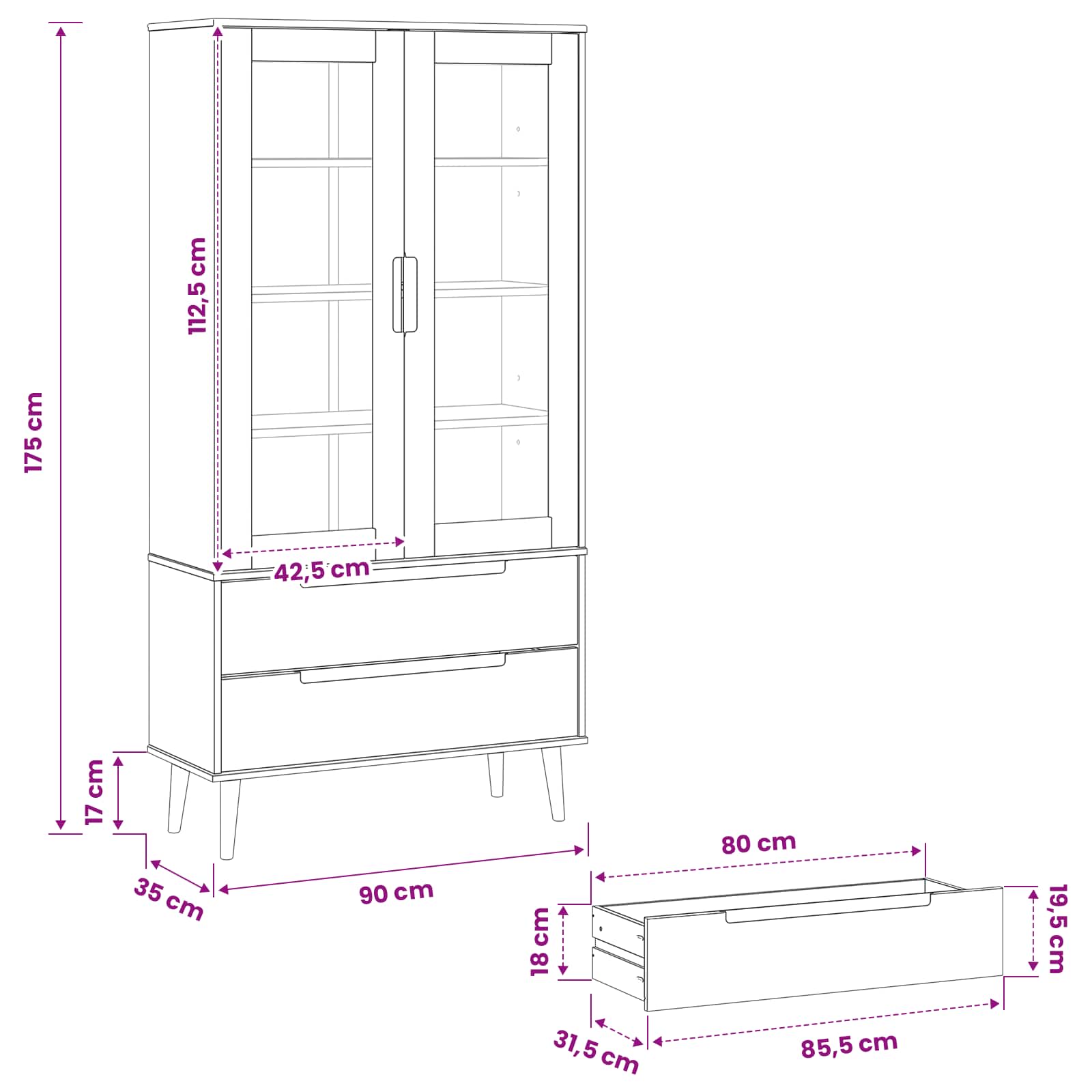 vidaXL Witryna Szklana MOLDE 90 x 35 x 175 cm Lite drewno sosnowe