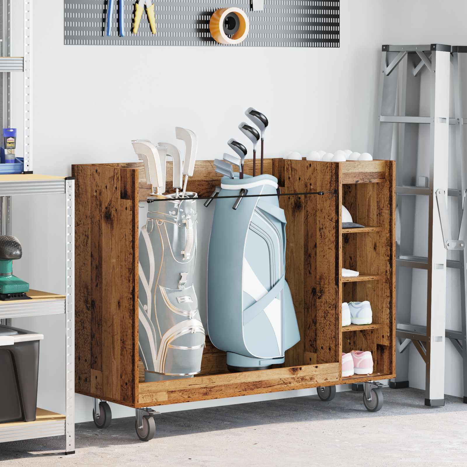 vidaXL Szafka golfowa z kołem Gładki Stare drewno 120 x 45 x 98 cm