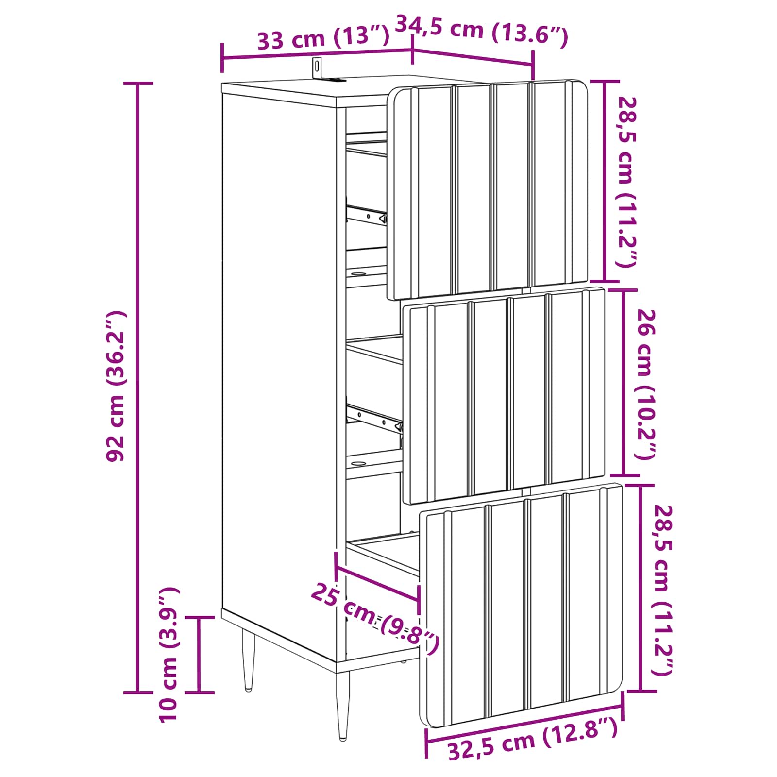 vidaXL Szafka z Szufladami Betonowy szary 33 x 34,5 x 92 cm