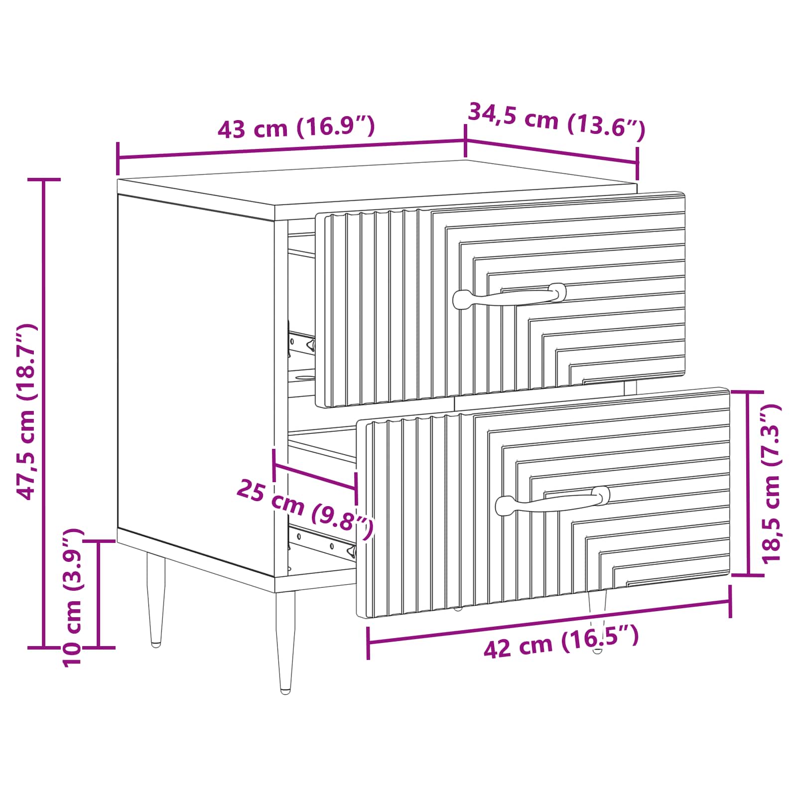 vidaXL Szafka Nocna 2 pcs Betonowy szary 43 x 34,5 x 47,5 cm