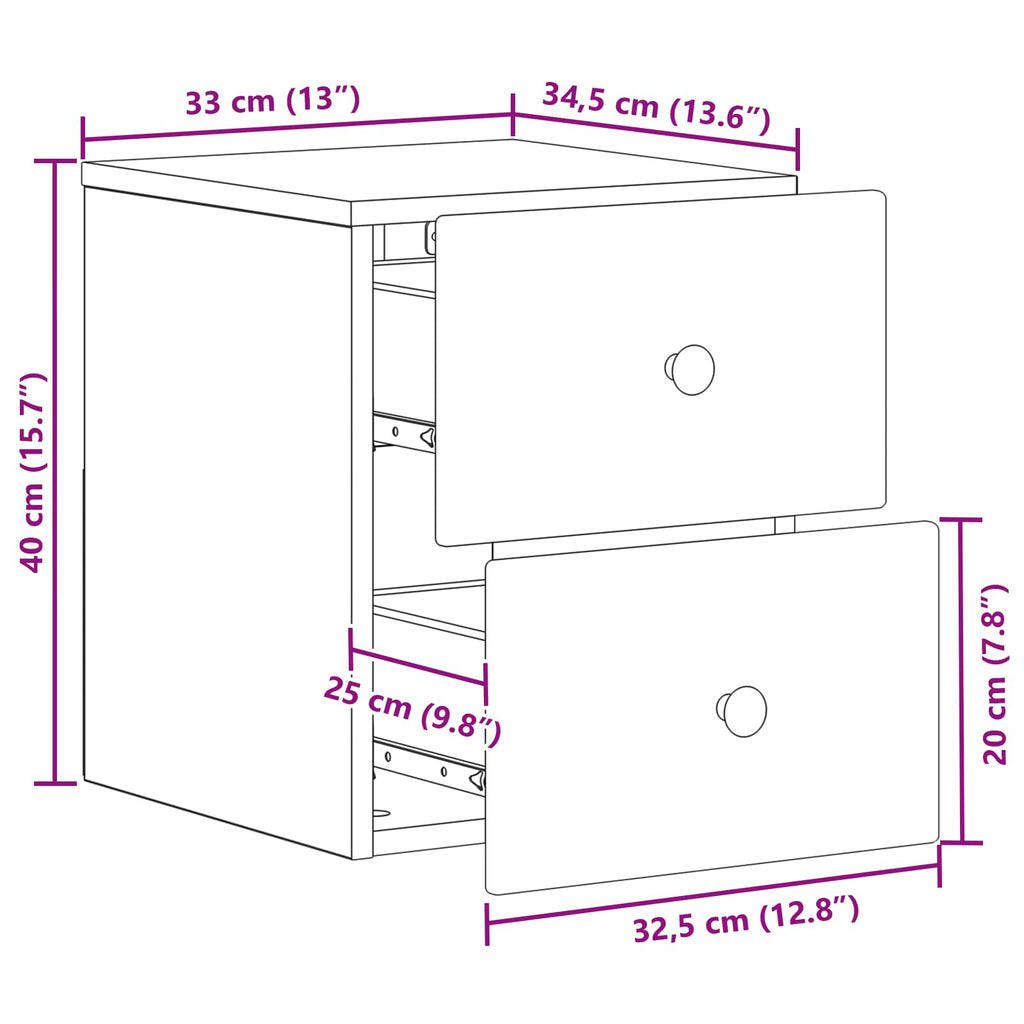 vidaXL Wisząca Szafka Nocna z szufladą 2 pcs Czarny 34,5 x 33 x 40 cm