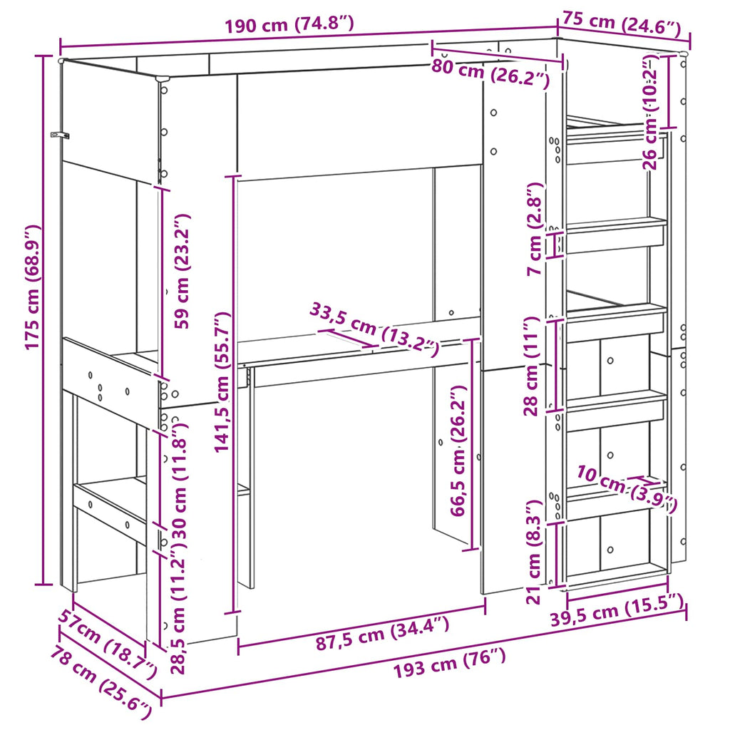 vidaXL Rama łóżka piętrowego z biurkiem Czarny Dąb 75 x 190 cm