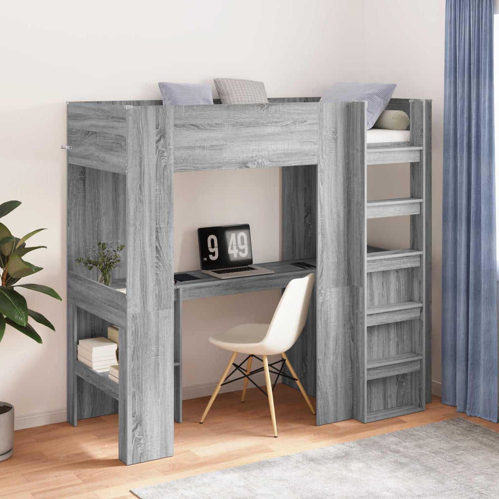 vidaXL Rama łóżka piętrowego z biurkiem Szary Sonoma 75 x 190 cm