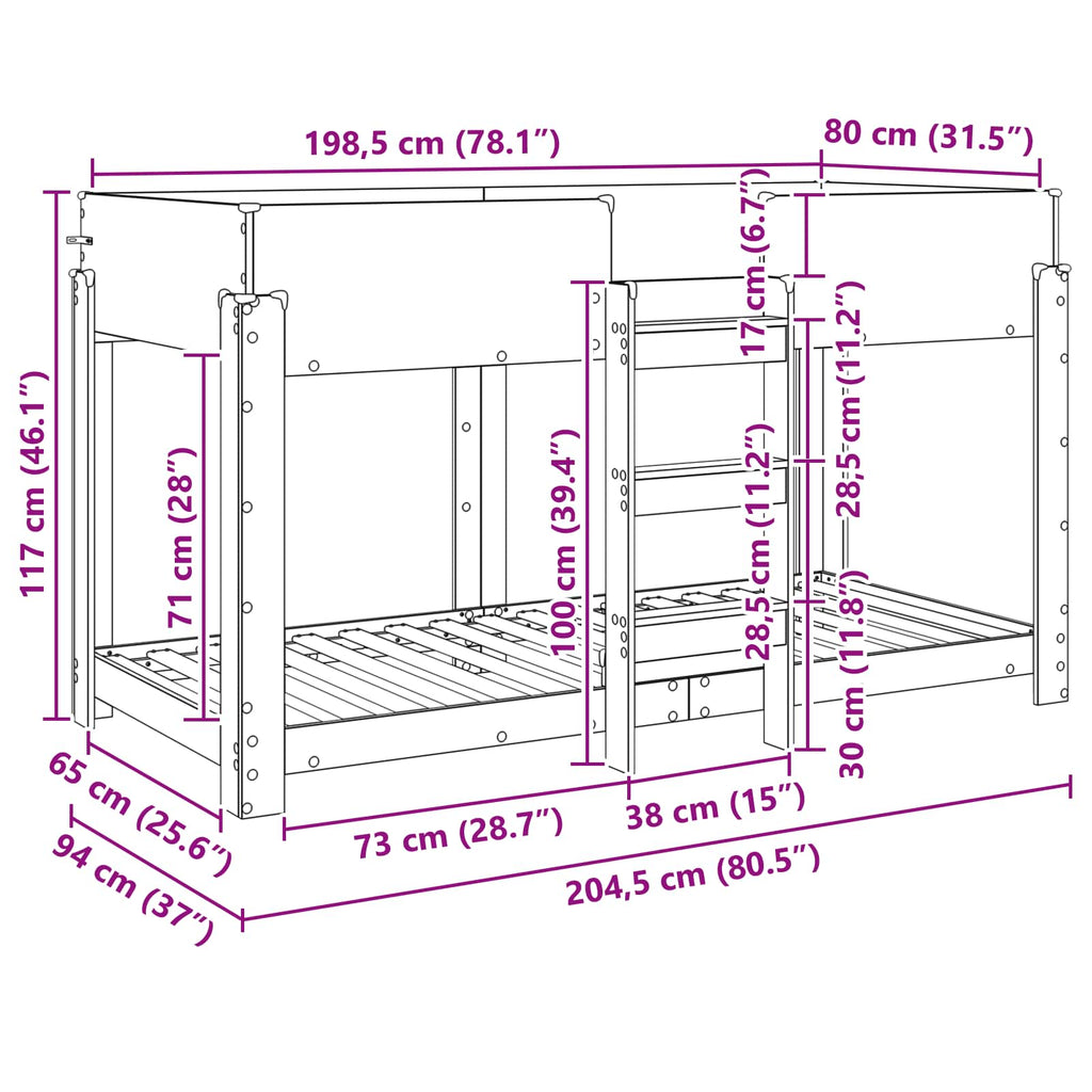 vidaXL Łóżko piętrowe dla dzieci Betonowy szary 80 x 200 cm