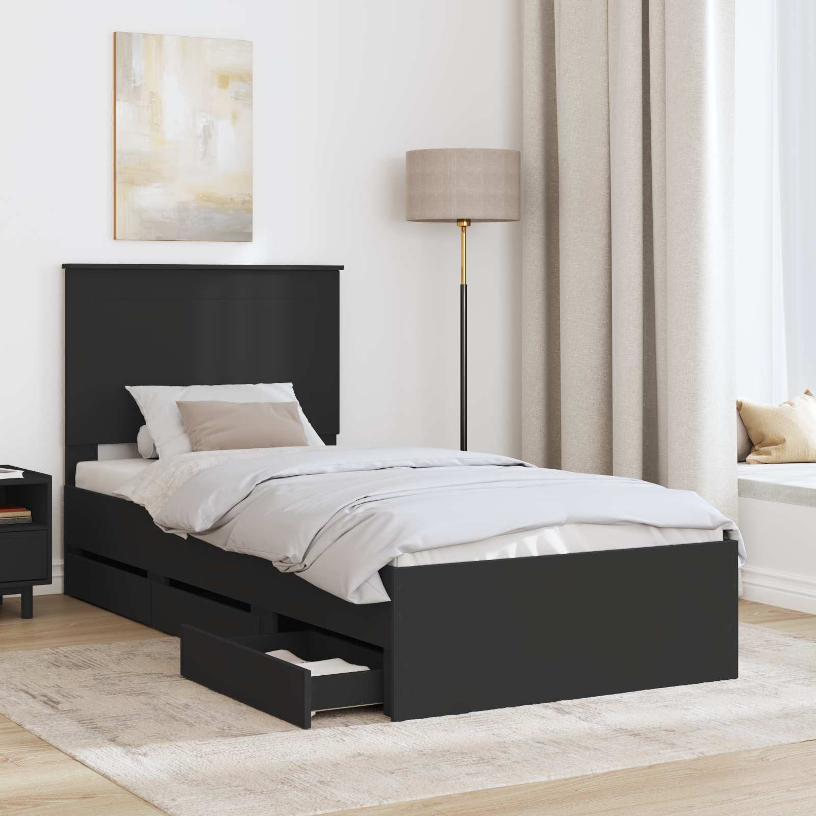 vidaXL Ramka łóżka z szufladą Czarny 100 x 200 cm Drewno inżynieryjne