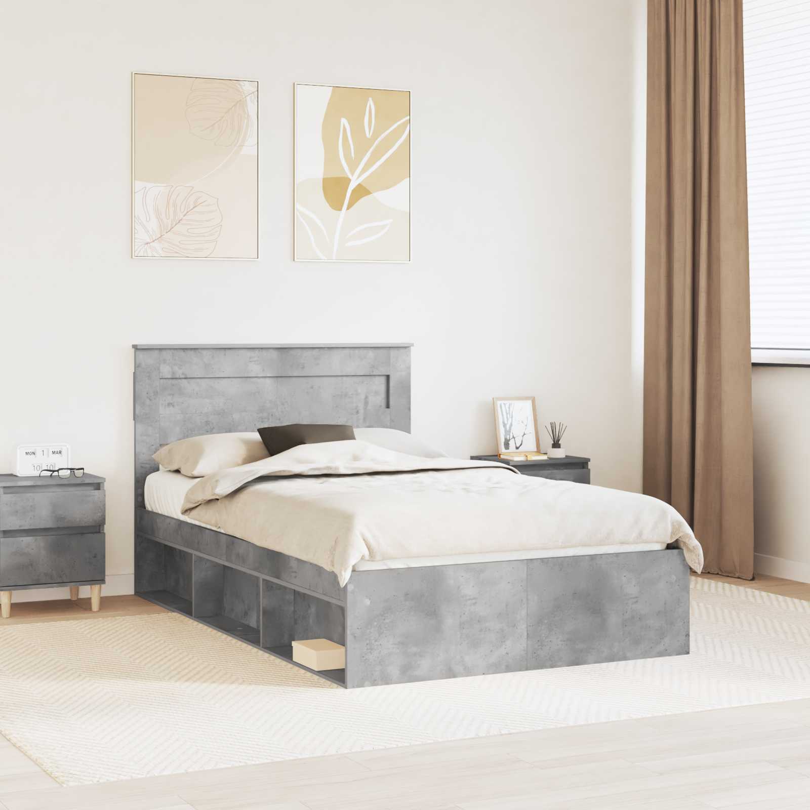 vidaXL Ramka łóżka Szary beton 135 x 190 cm Lite drewno sosnowe