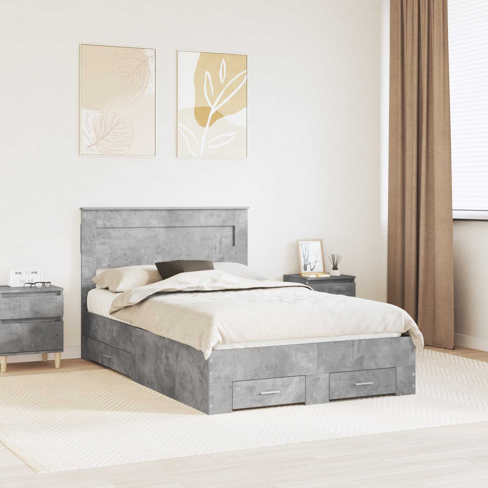 vidaXL Ramka łóżka Betonowy szary 135 x 190 cm Materiał drewnopochodny