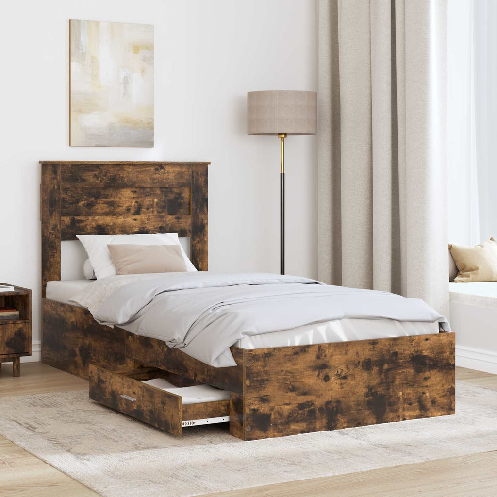 vidaXL Ramka łóżka Z zagłówkiem Wędzone dąb i srebro 75 x 190 cm