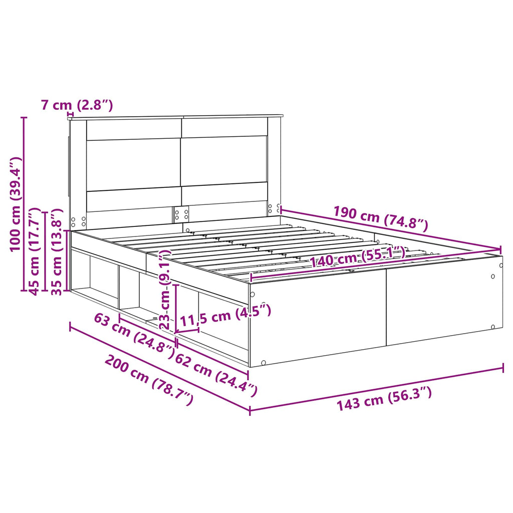 vidaXL Ramka łóżka Betonowy 140 x 190 cm Lite drewno sosnowe
