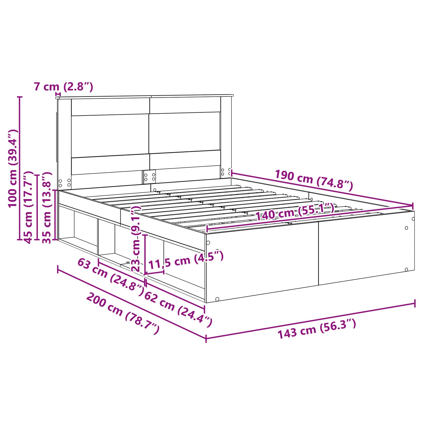 vidaXL Ramka łóżka Betonowy 140 x 190 cm Lite drewno sosnowe