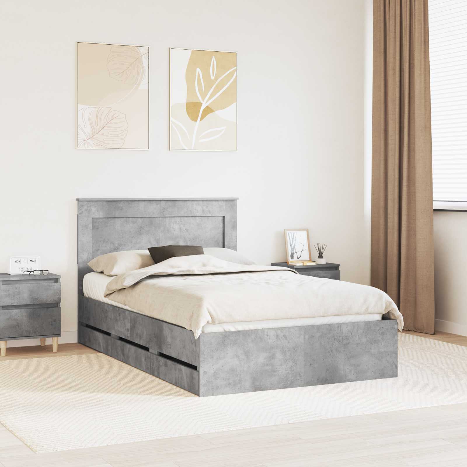 vidaXL Ramka łóżka Betonowy szary 135 x 190 cm Drewno inżynieryjne
