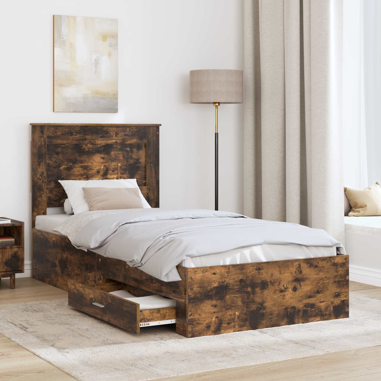 vidaXL Ramka łóżka z szufladą Wędzone dąb i srebro 75 x 190 cm