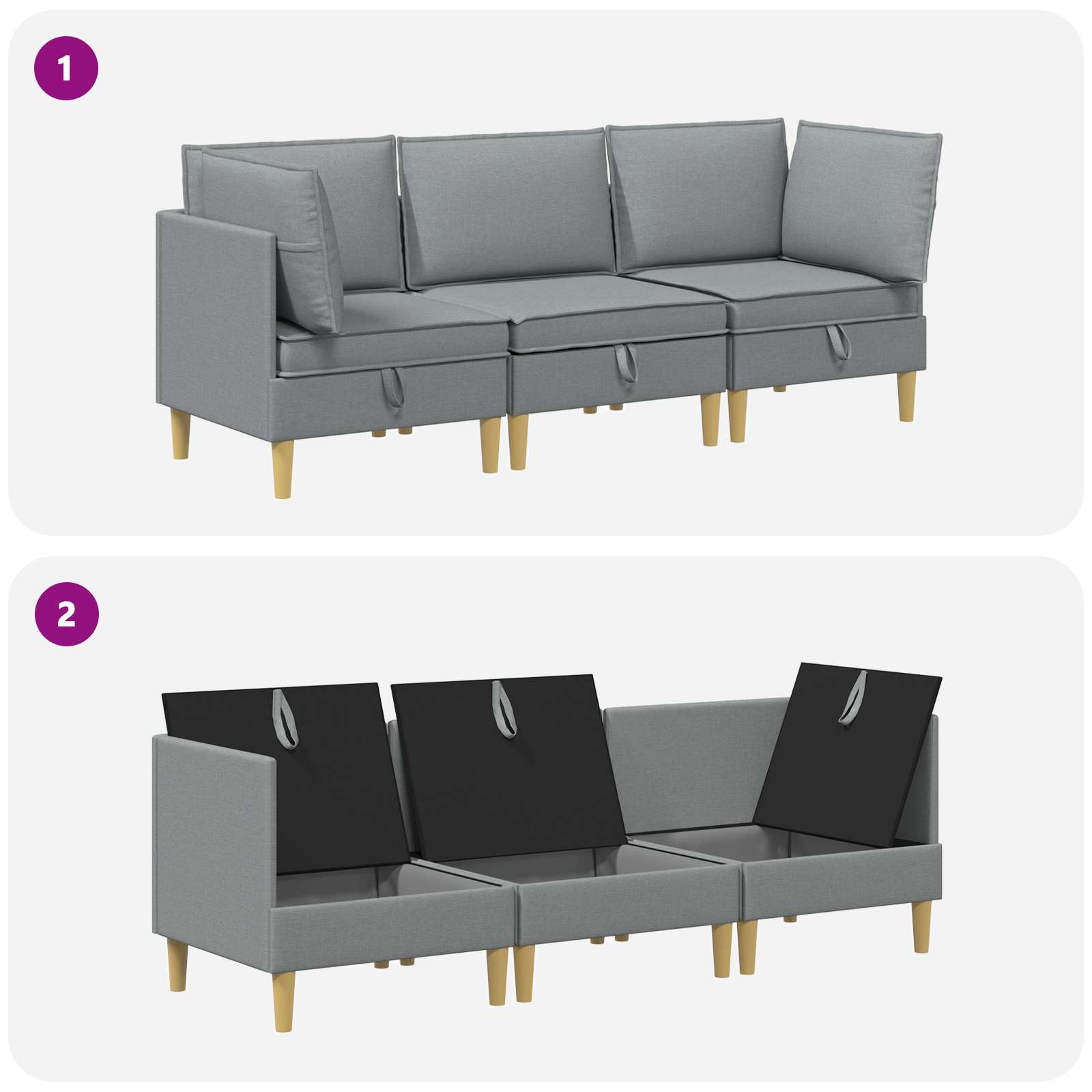vidaXL Modularny Zestaw Sofy z Przechowalnią 3 pcs jasnoszary tkanina