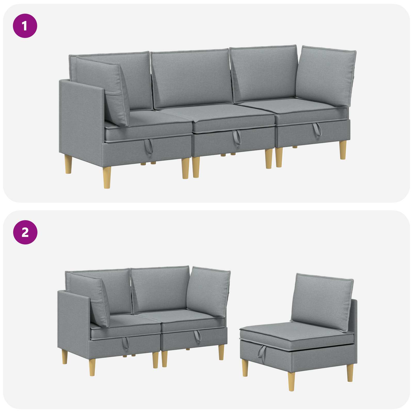 vidaXL Modularny Zestaw Sofy z Przechowalnią 3 pcs jasnoszary tkanina