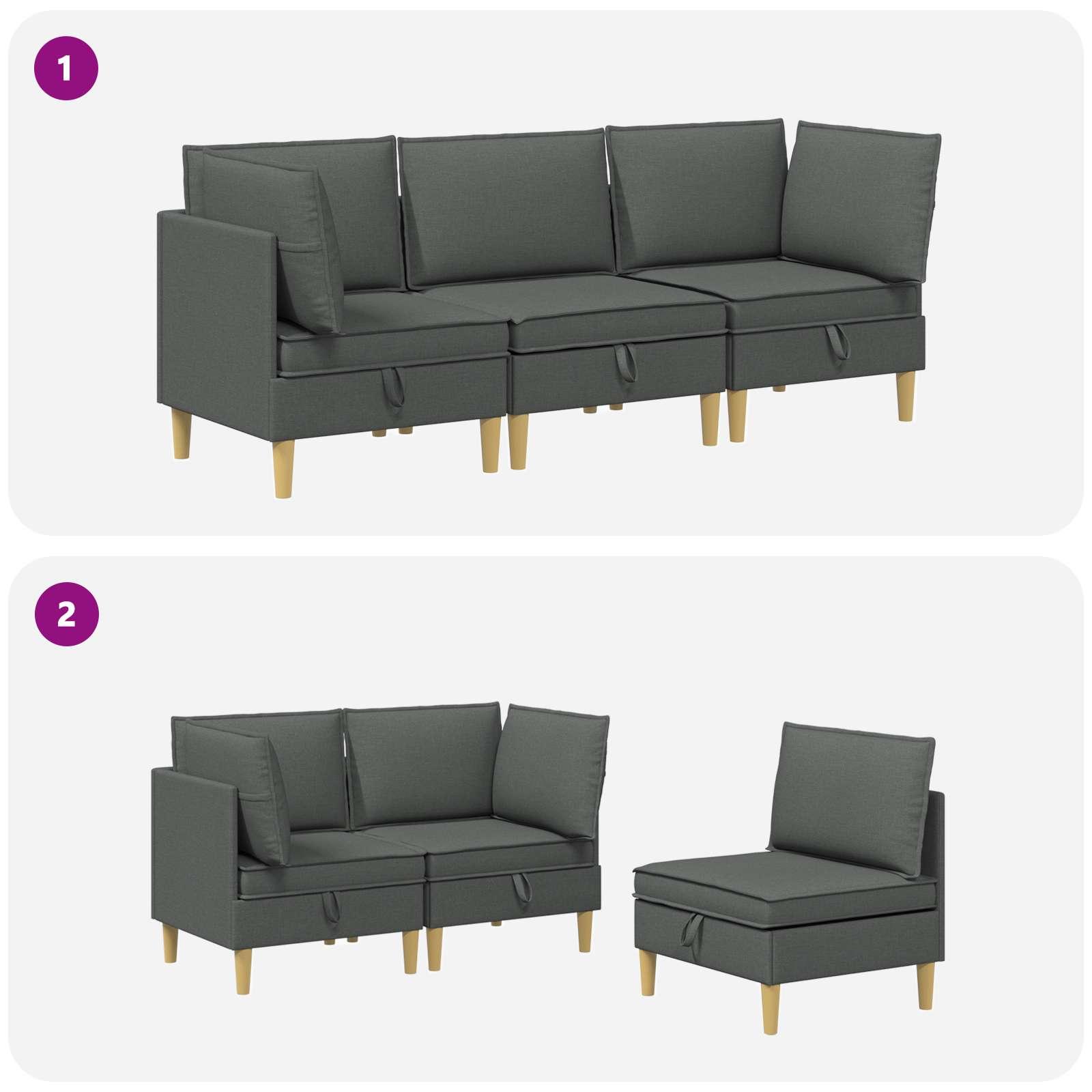 vidaXL Modularny Zestaw Sofy z Przechowalnią 3 pcs ciemnoszary tkanina