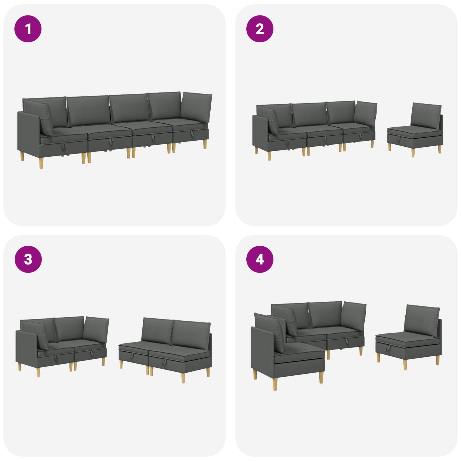 vidaXL Modularny Zestaw Sofy z Przechowalnią 4 pcs ciemnoszary tkanina