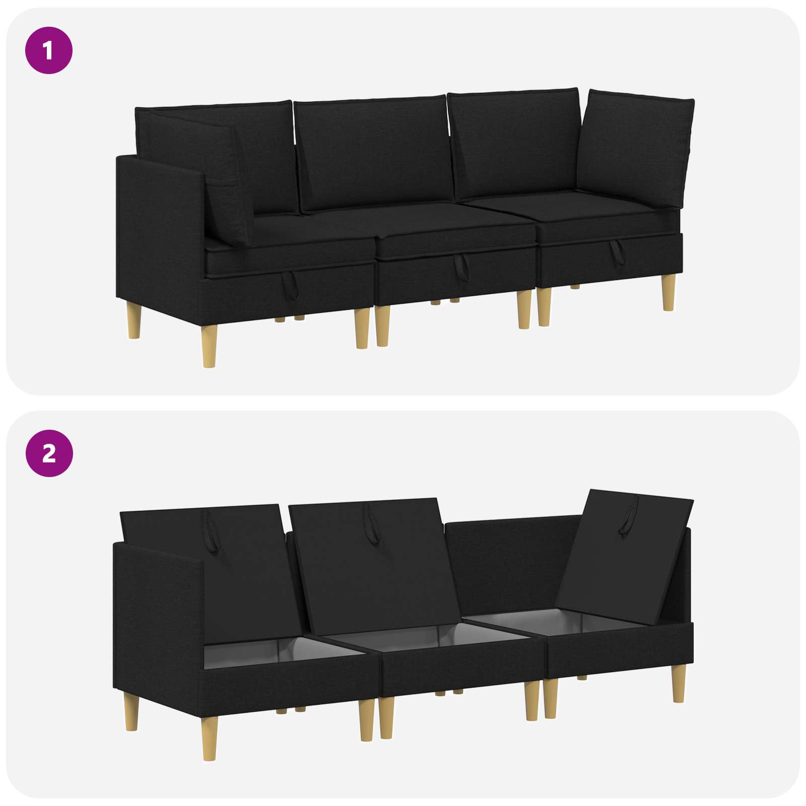 vidaXL Modularny Zestaw Sofy z Przechowalnią 3 pcs Czarny tkanina