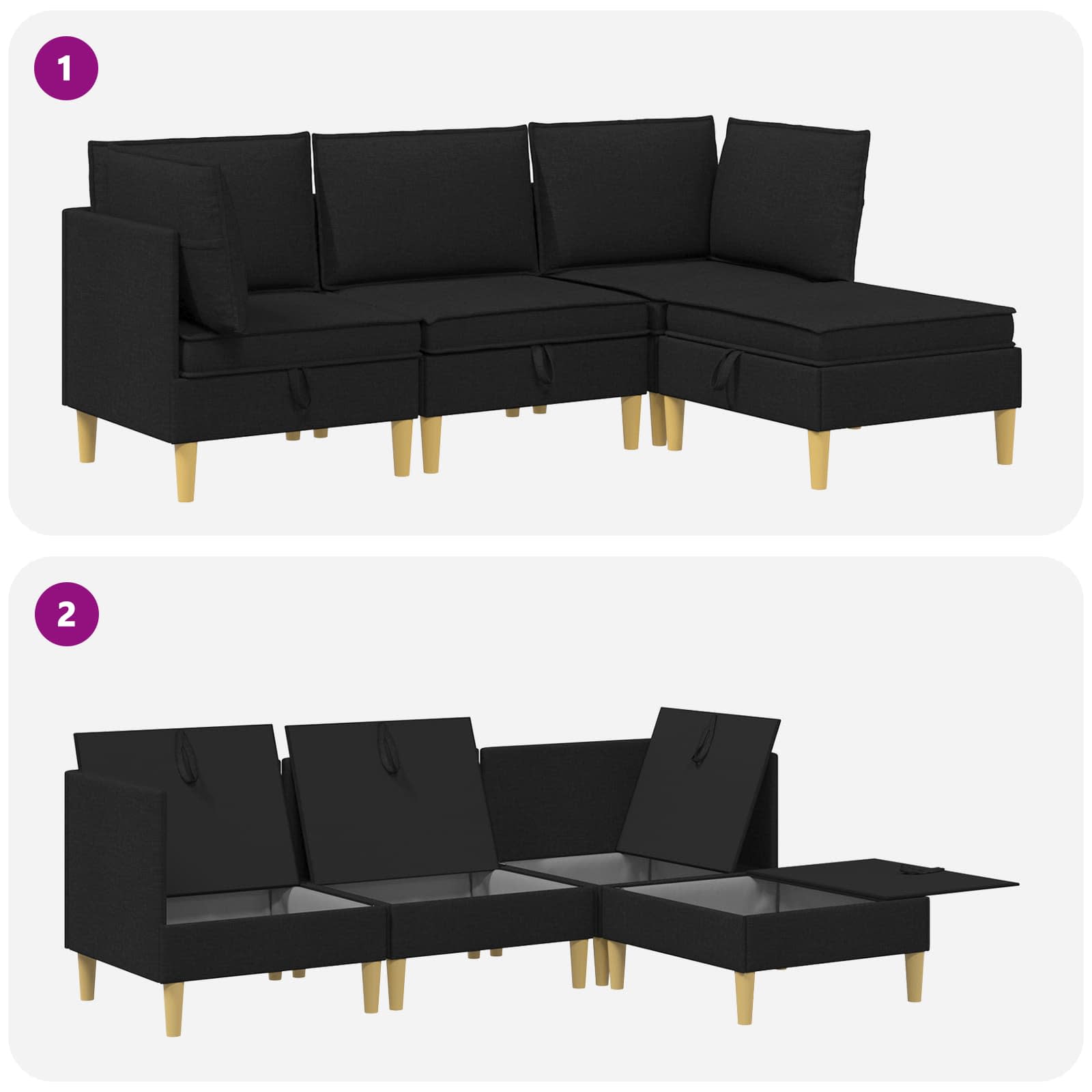 vidaXL Modularny Zestaw Sofy z Przechowalnią 4 pcs Czarny tkanina