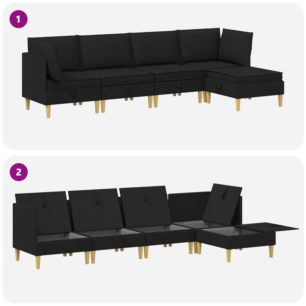 vidaXL Modularny Zestaw Sofy z Przechowalnią 5 pcs Czarny tkanina