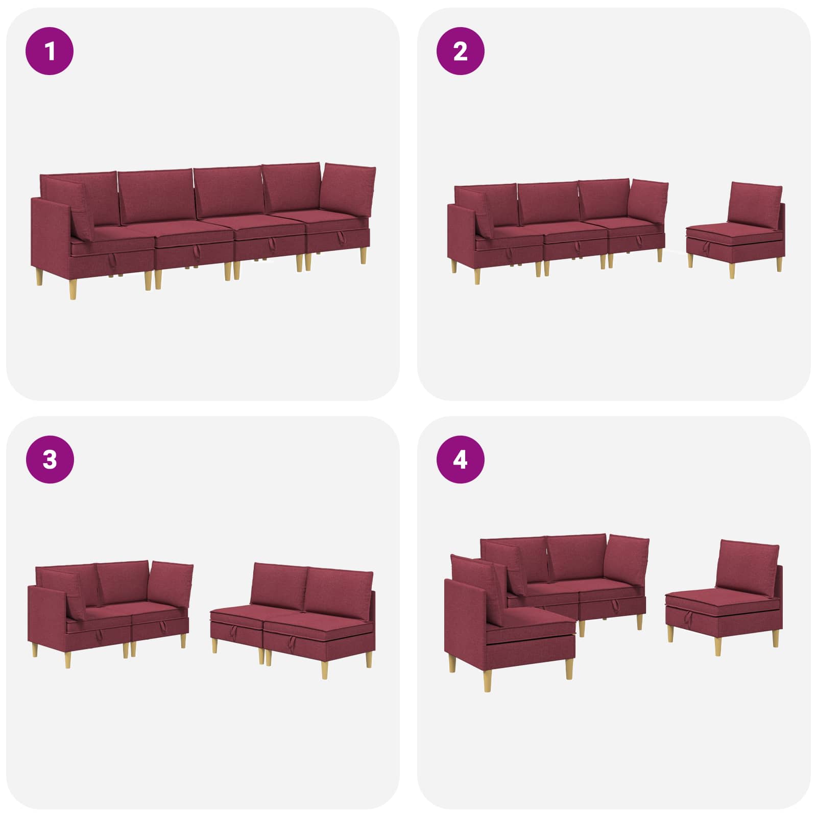 vidaXL Modularny Zestaw Sofy z Przechowalnią 4 pcs Czerwone wino
