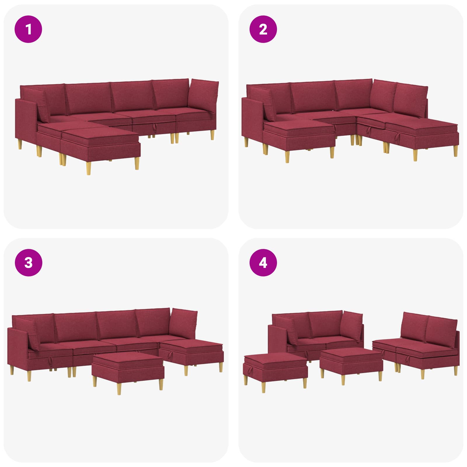 vidaXL Modularny Zestaw Sofy z Przechowalnią 6 pcs Czerwone wino