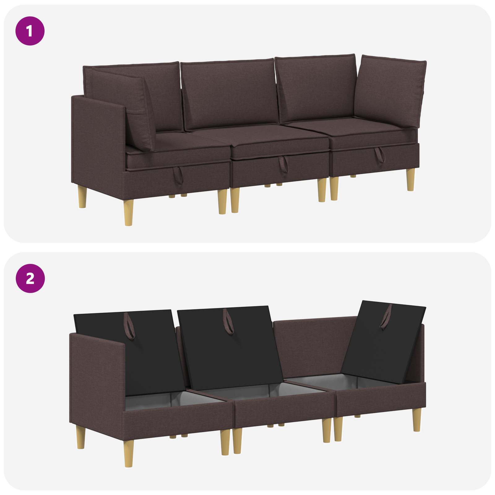 vidaXL Modularny Zestaw Sofy z Przechowalnią 3 pcs Ciemny brąz tkanina