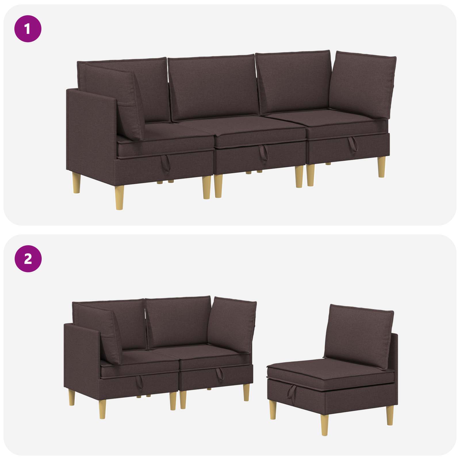 vidaXL Modularny Zestaw Sofy z Przechowalnią 3 pcs Ciemny brąz tkanina