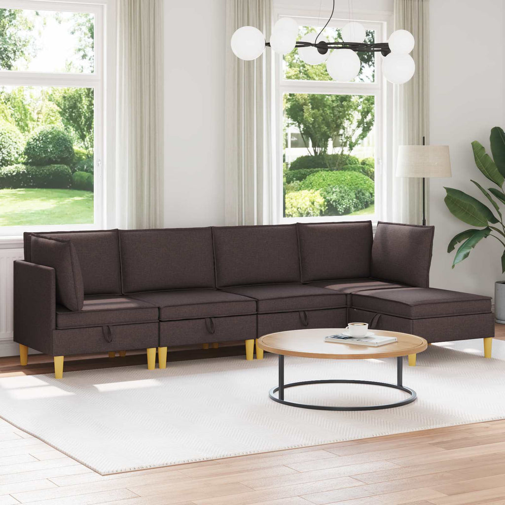 vidaXL Modularny Zestaw Sofy z Przechowalnią 5 pcs Ciemny brąz tkanina