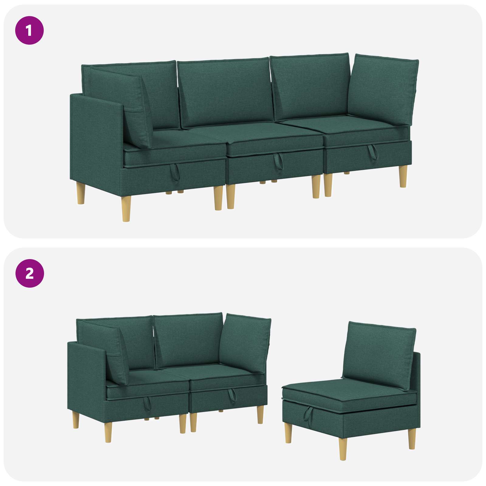 vidaXL Modularny Zestaw Sofy z Przechowalnią 3 pcs Ciemnozielony