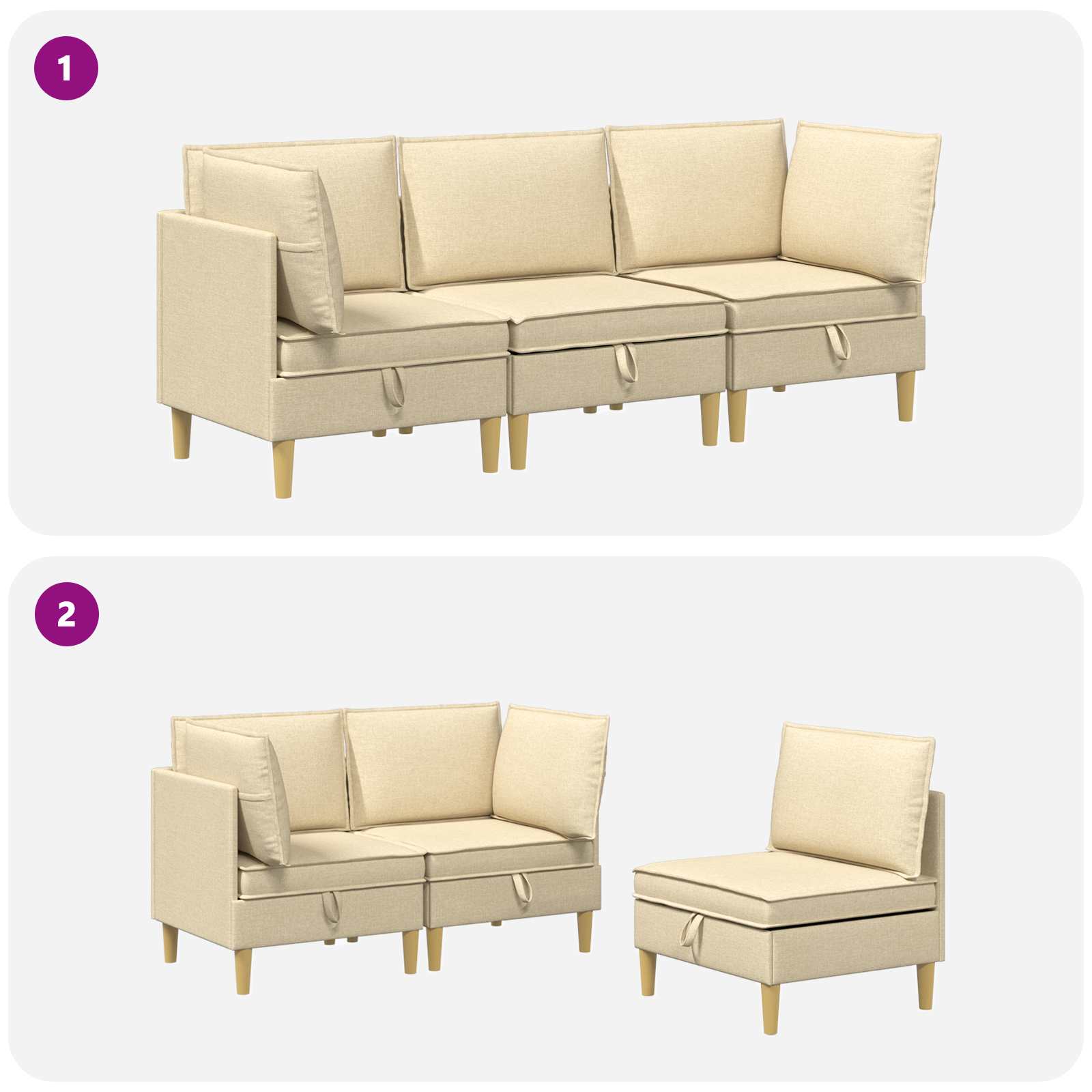 vidaXL Modularny Zestaw Sofy z Przechowalnią 3 pcs kremowy tkanina