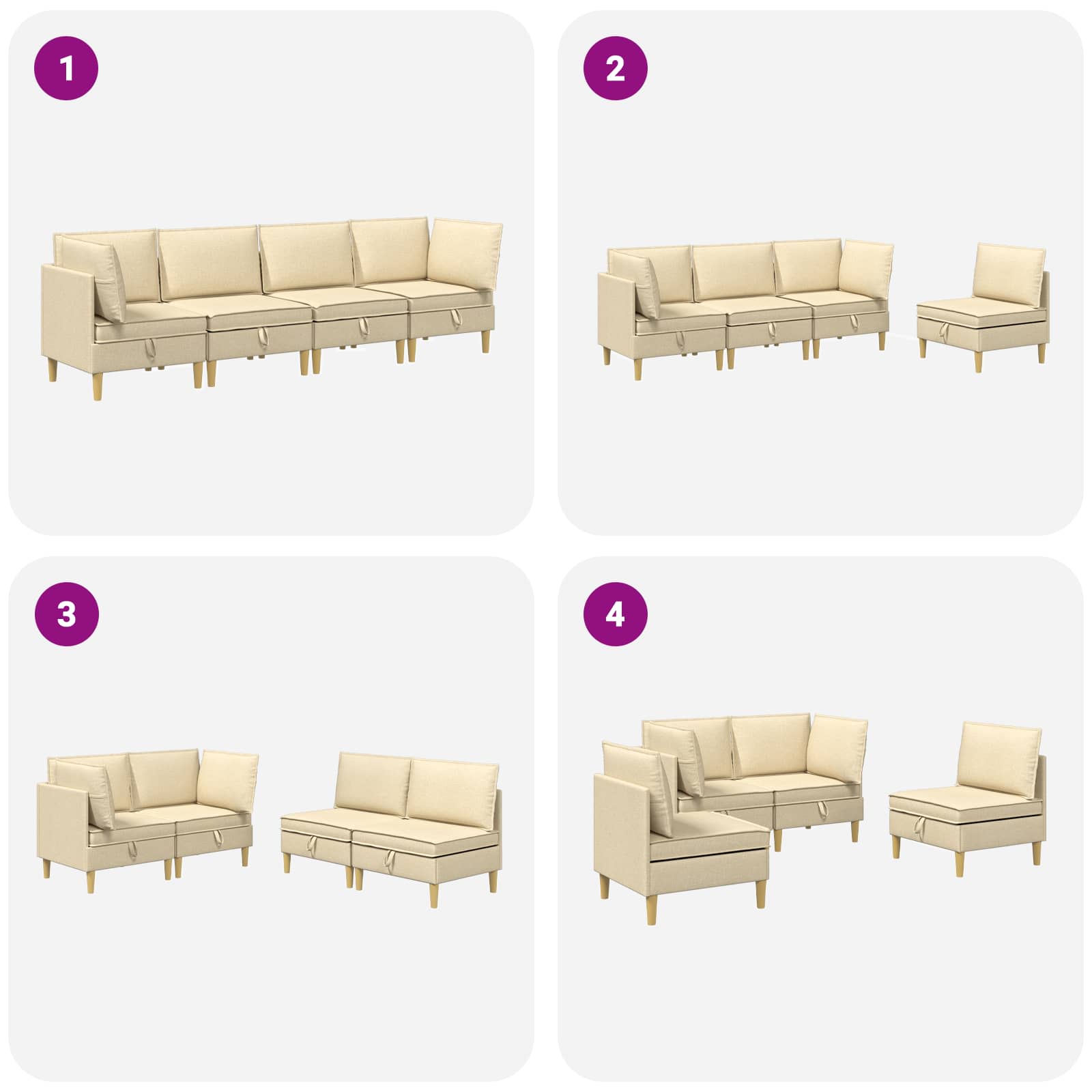 vidaXL Modularny Zestaw Sofy z Przechowalnią 4 pcs kremowy tkanina
