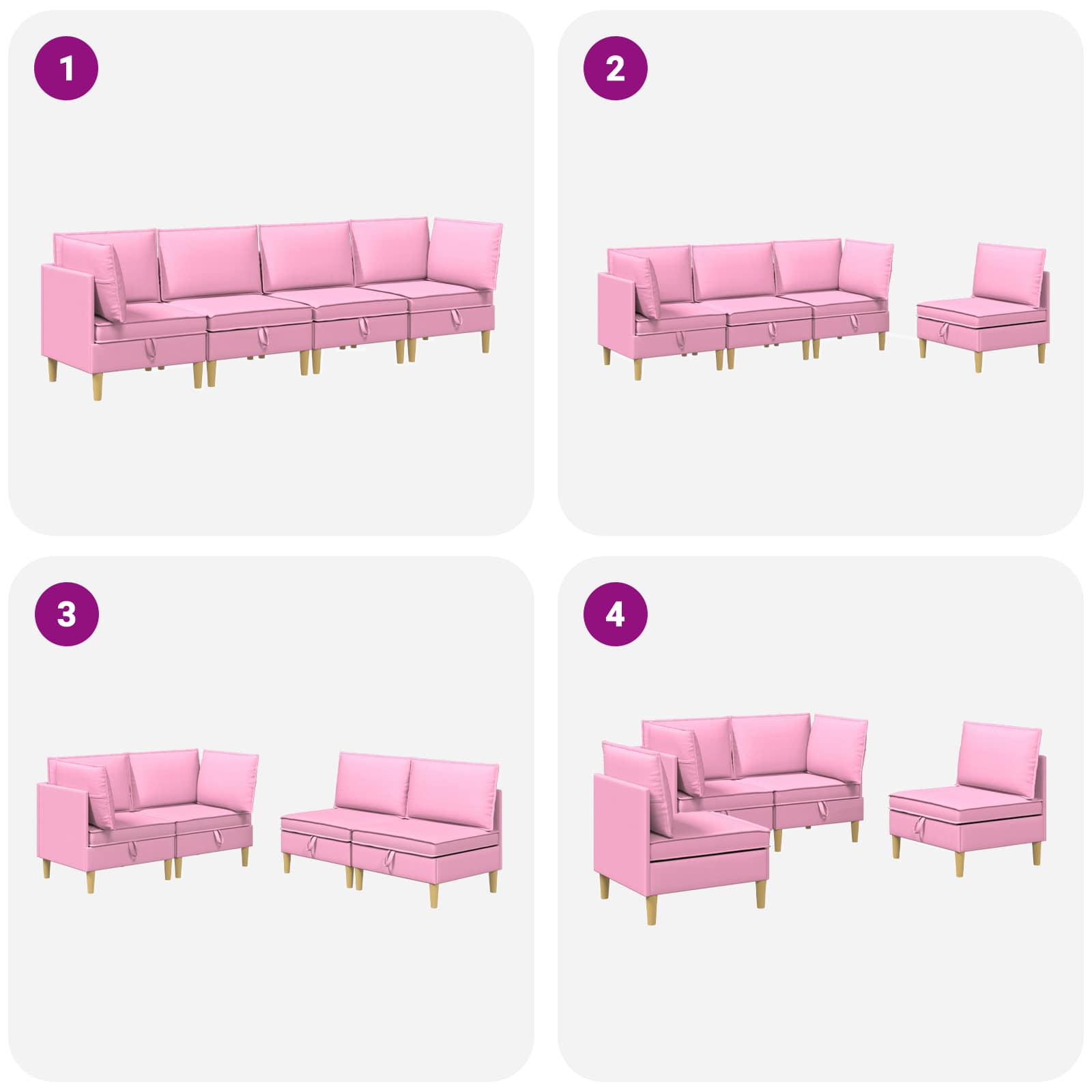 vidaXL Modularny Zestaw Sofy z Przechowalnią 4 pcs różowy tkanina