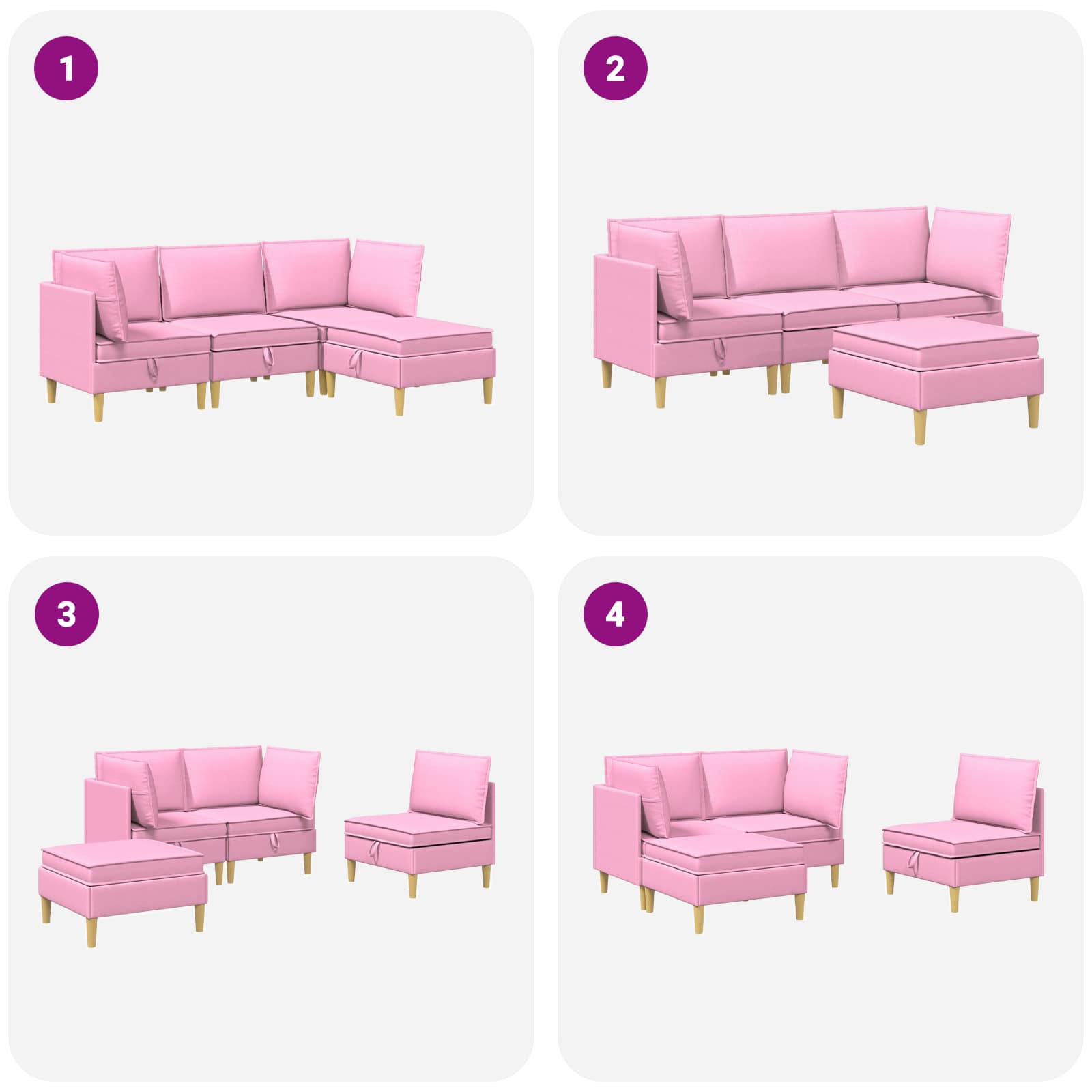 vidaXL Modularny Zestaw Sofy z Przechowalnią 4 pcs różowy tkanina