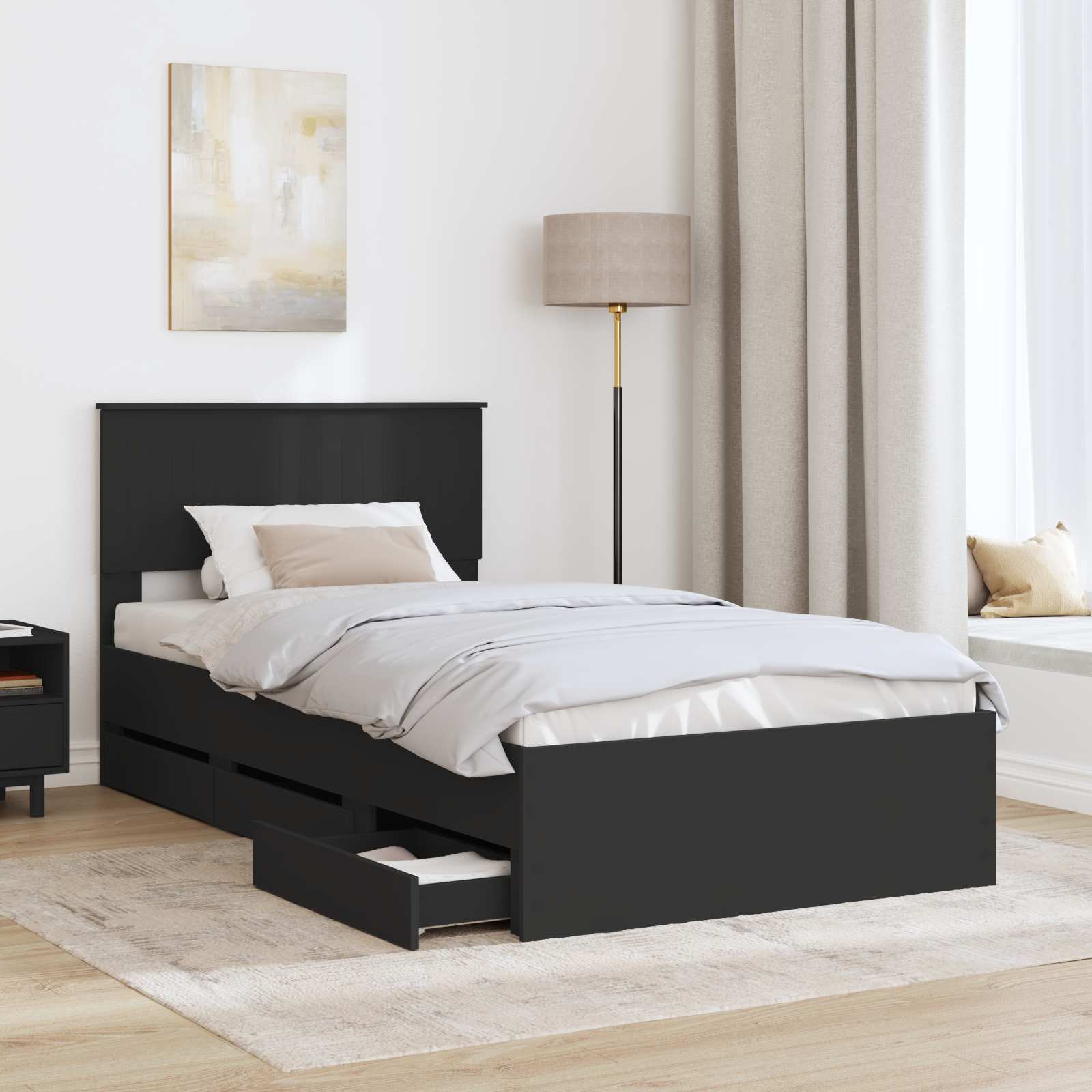 vidaXL Ramka łóżka z szufladą Czarny 100 x 200 cm Drewno inżynieryjne