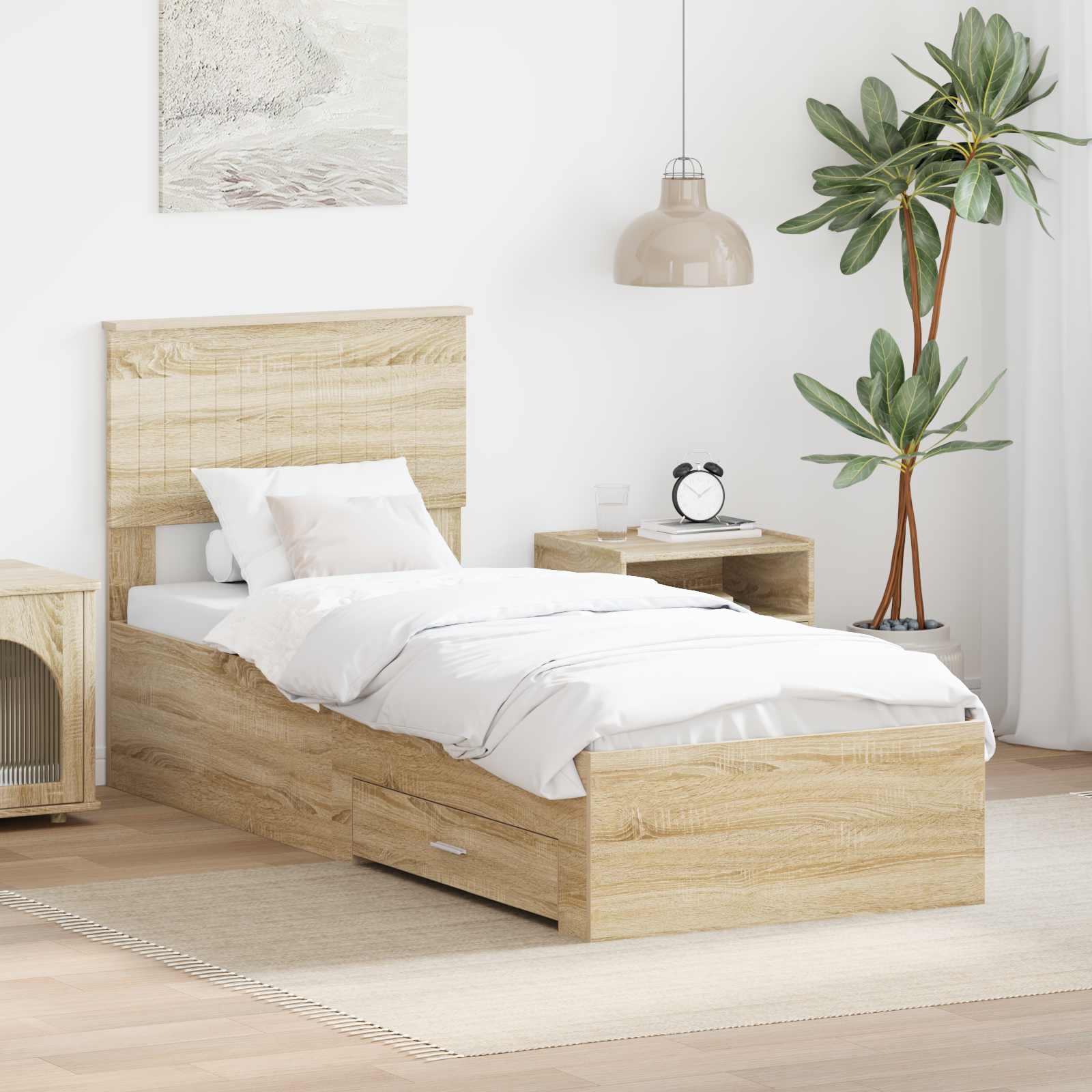 vidaXL Ramka łóżka Z zagłówkiem Sonoma dąb i srebro 75 x 190 cm