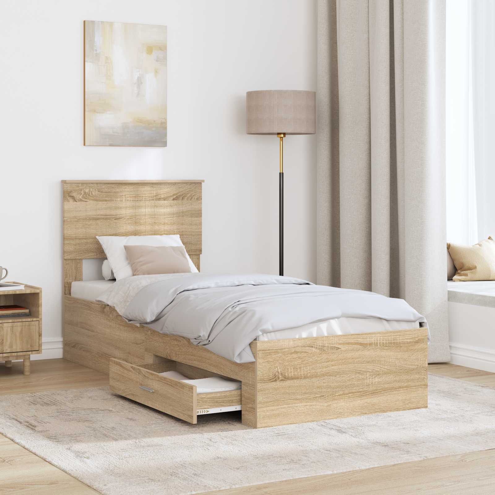vidaXL Ramka łóżka Z zagłówkiem Sonoma dąb i srebro 75 x 190 cm