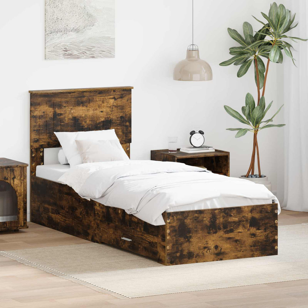 vidaXL Ramka łóżka Z zagłówkiem Wędzone dąb i srebro 75 x 190 cm