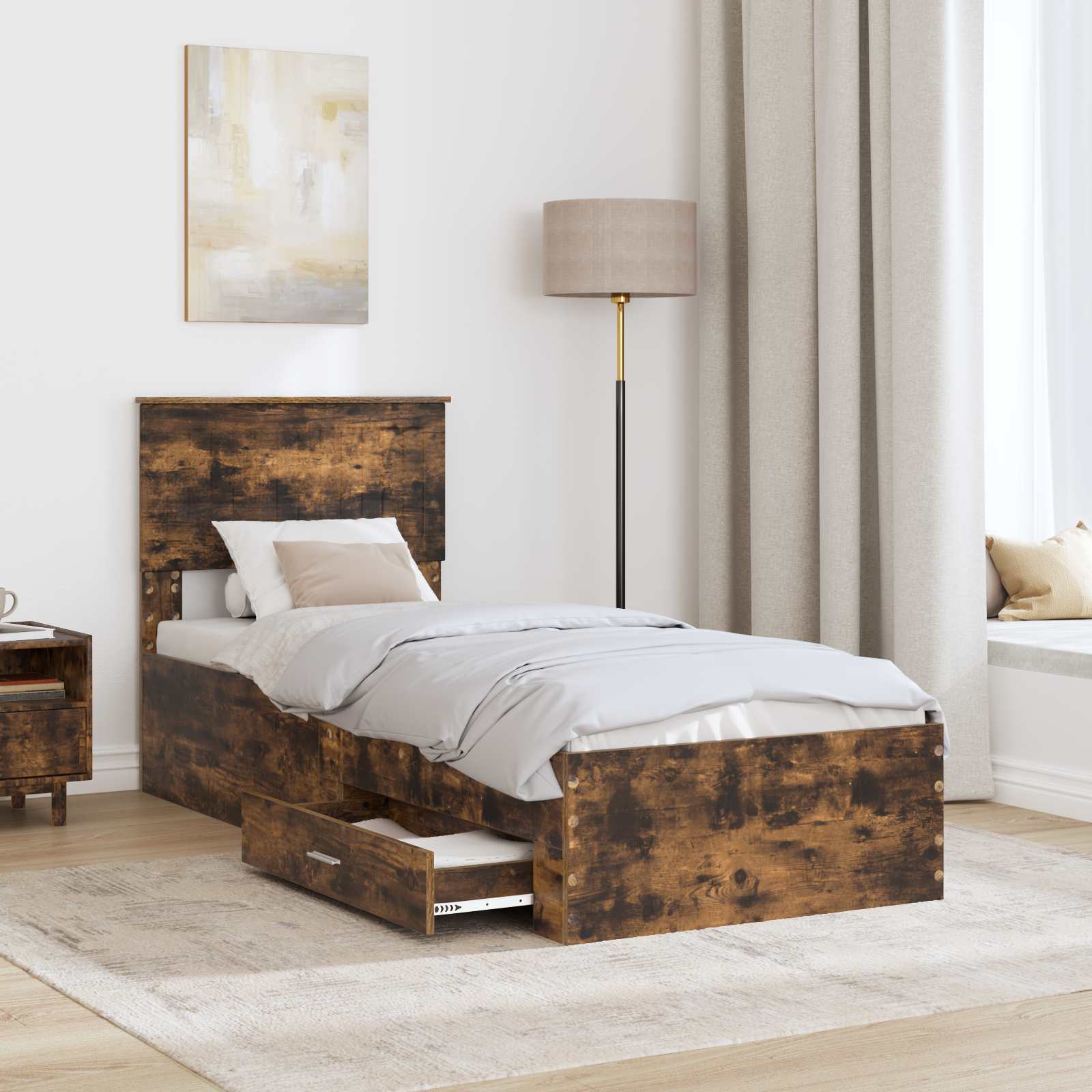 vidaXL Ramka łóżka Z zagłówkiem Wędzone dąb i srebro 75 x 190 cm