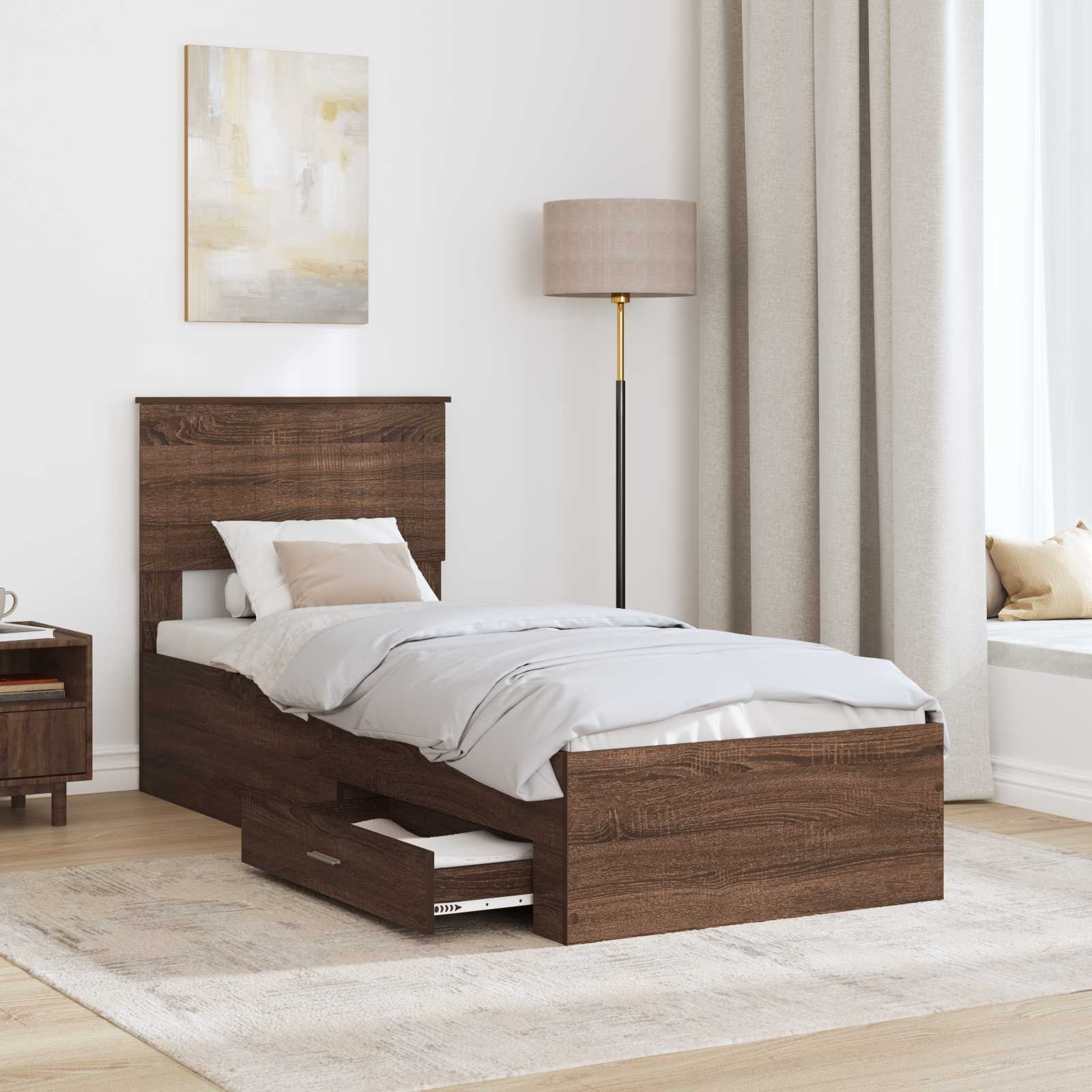 vidaXL Ramka łóżka Z zagłówkiem Brązowy dąb i srebro 75 x 190 cm